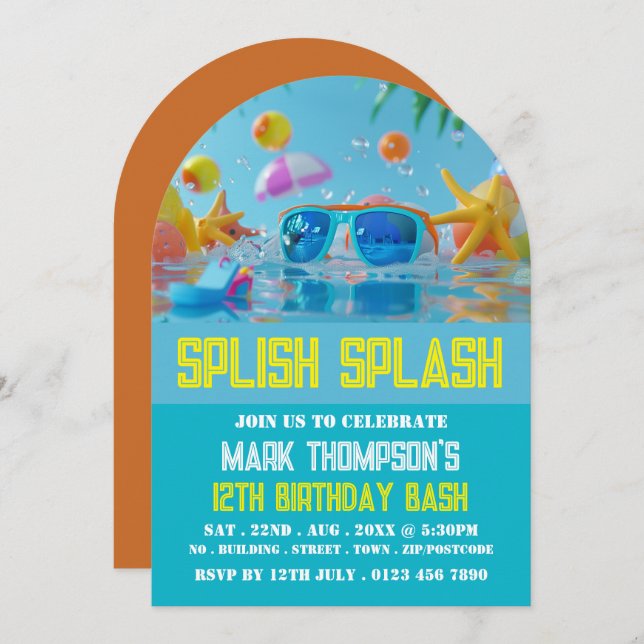 Convite Piscina Sunny, Festa de Piscina de Aniversário (Frente/Verso)