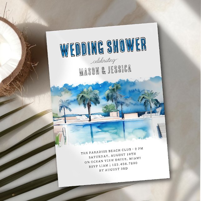 Convite Piscina tropical de água Chá de casamento de Verão (Summer wedding shower invitation from the Couples Shower Invitation collection by Darling & May)