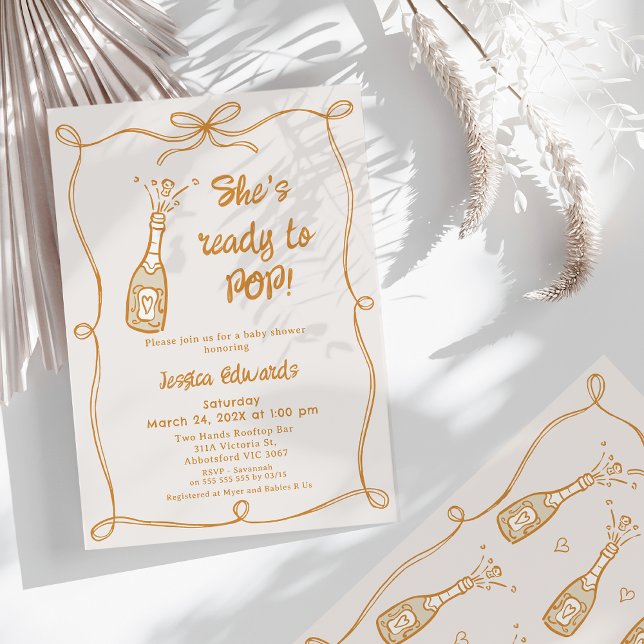 Convite Piscinas Whimsical Neutras Prontas Para Chá de fra (Whimsical She's Ready to Pop Baby Shower Invitation Gender Neutral Bow Champagne Bottle Pop Cork)