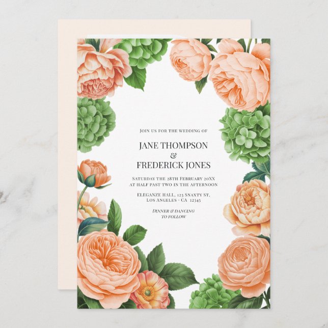 Convite Pistachio and Peach Watercolor Floral Wedding (Frente/Verso)