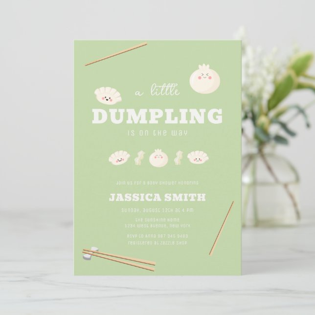 Convite Pistácio Verde Kawaii Bao Dumpling Baby Shower  (Em pé/Frente)