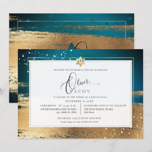 Convite Pix Dezines DARK TEAL DOURADO BRUSHSTROKE Mitzvah