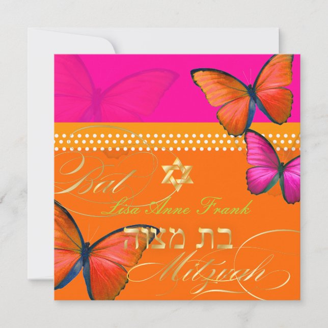 Convite Pix Dezines retro Papillon, Bat Mitzvah (Frente)