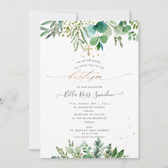 Convite Pix Dezines Watercolor Eucalyptus Greenery Baptism (Frente)