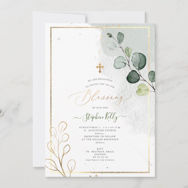 Convite Pix Dezines Watercolor Rustic Eucalyptus Baptism (Frente)