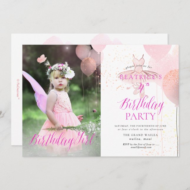 Convite PixDezine QUALQUER IDADE, Ballerina Birthday Girl (Frente/Verso)