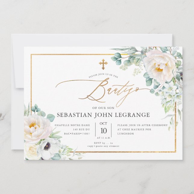 Convite PixDezines Acuarela Peonias Eucalipto Batismo (Frente)