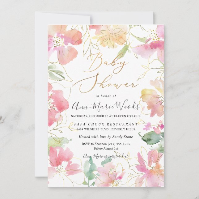 Convite PixDezines Aguarela Rosa Chá de Bebê Ervilhas-de-c (Frente)