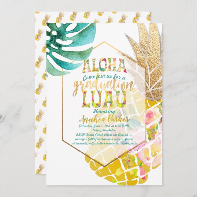 Convite PixDezines Aloha Abacaxis/Ouro/Graduação Luau (Frente/Verso)