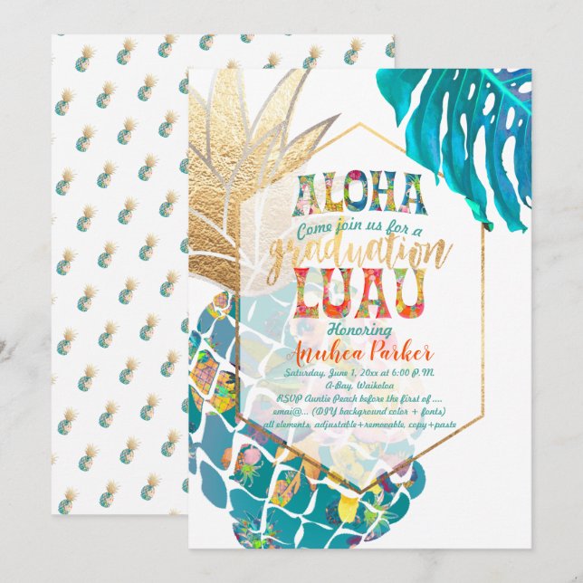 Convite PixDezines Aloha Abacaxis/Turquesa/Luau de Formatu (Frente/Verso)