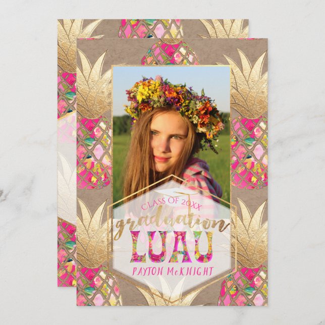 Convite PixDezines Aloha Pineapple, Graduação Luau (Frente/Verso)