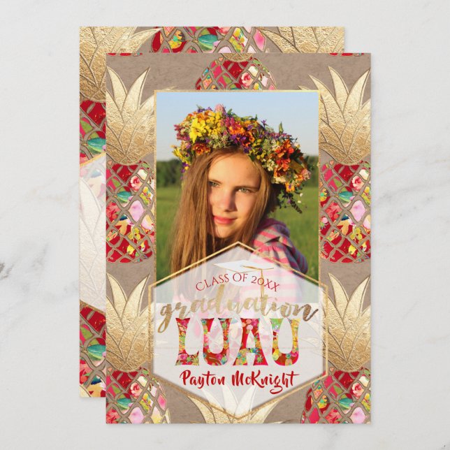 Convite PixDezines Aloha Pineapple, Graduação Luau (Frente/Verso)
