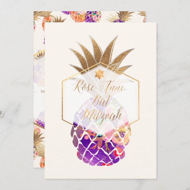 Convite PixDezines Aloha Pineapple/Watercolor/Bat Mitzvah (Frente/Verso)