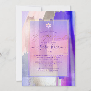 Convite PixDezines Amostras de Aquarela Roxa Bat Mitzvah