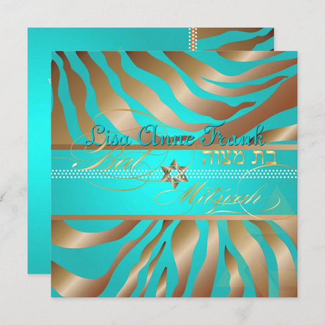 Convite PixDezines Aqua+Tan Zebra Stripes, Bat Mitzvah (Frente/Verso)