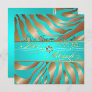 Convite PixDezines Aqua+Tan Zebra Stripes, Bat Mitzvah