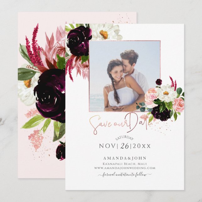 Convite PixDezines Aquarela Rustic Bloom, Salve o Dia (Frente/Verso)