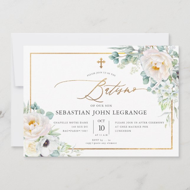 Convite PixDezines AquarelaPeôni como Eucalipto Batismo (Frente)