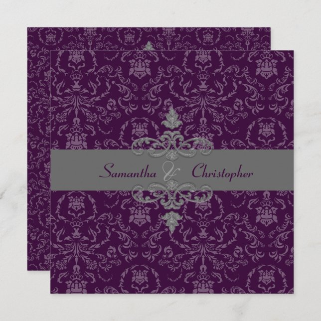 Convite PixDezines Arianna Damask, cor de Y,Plum/EggPlant (Frente/Verso)