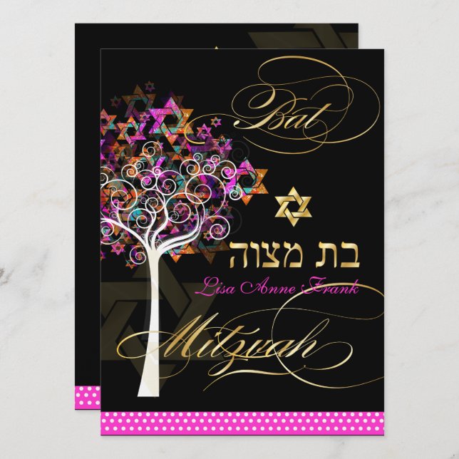 Convite PixDezines árvore da vida+Estrelas, Bat Mitzvah (Frente/Verso)