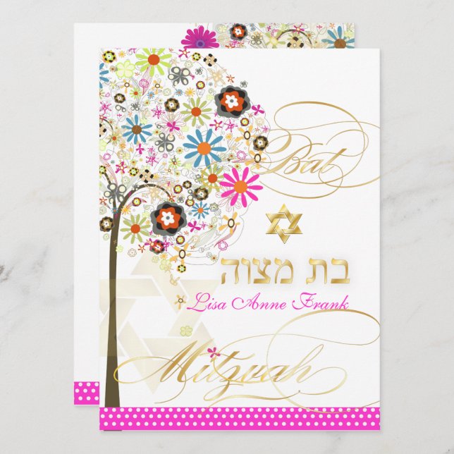 Convite PixDezines ÁRVORE DA VIDA+FLÔRES BAT MITZVAH (Frente/Verso)