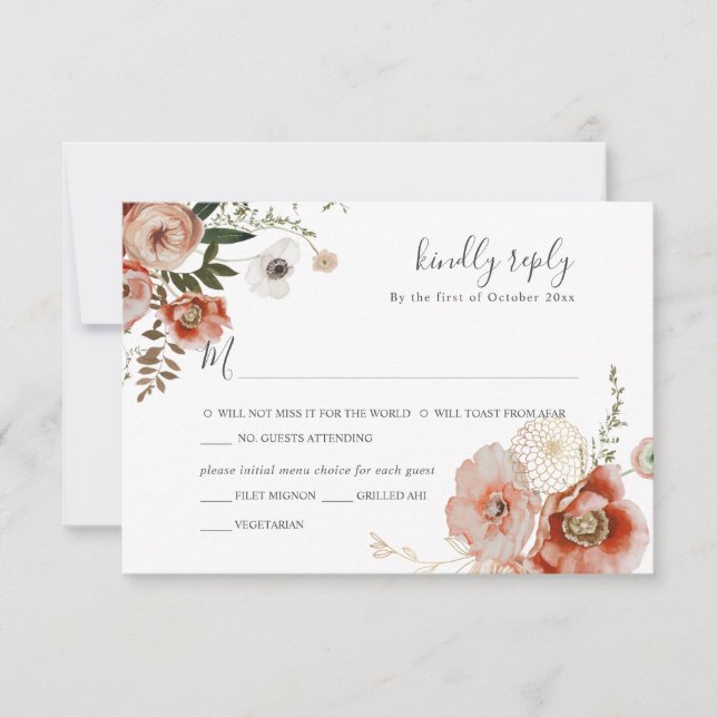 Convite PixDezines Autumn Watercolor Flowers Marsala RSVP (Frente)