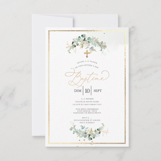Convite PixDezines Baptême d'Eucalyptus Rustique Aquarelle (Frente)