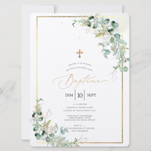 Convite PixDezines Baptême d'Eucalyptus Rustique Aquarelle (Frente)