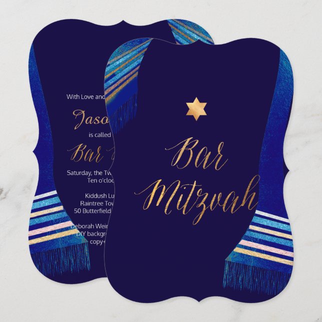Convite PixDezines ✡ Bar de Tallit Azul Mitzvah (Frente/Verso)