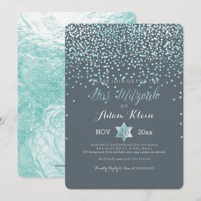 Convite PixDezines Bar Mitzvah/Confete Azul (Frente/Verso)