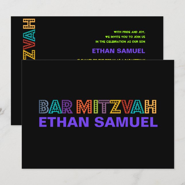 Convite PixDezines bar mitzvah neon (Frente/Verso)