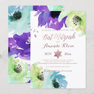 Convite PixDezines ✡ Bat Mitzvah/ Aquarela Floral