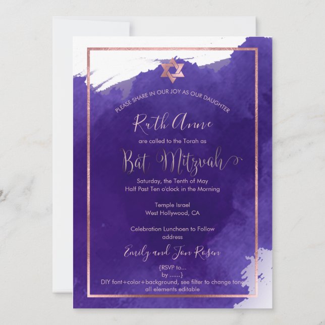 Convite PixDezines Bat Mitzvah | Aquarela Roxa (Verso)
