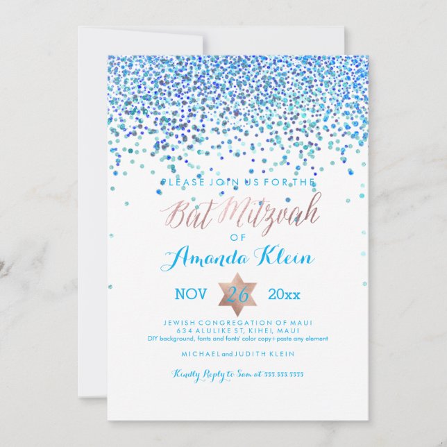 Convite PixDezines Bat Mitzvah/Blue/Aqua/Teal/Confetti (Frente)