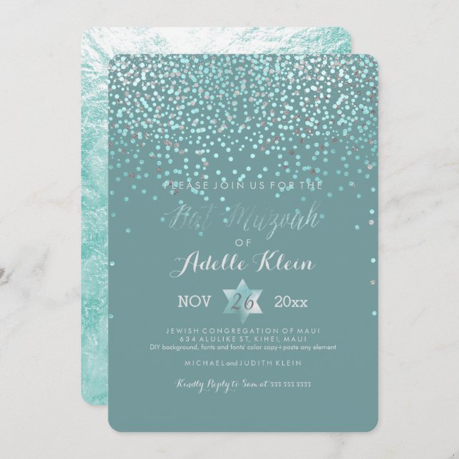 Convite PixDezines Bat Mitzvah/Blue Confetti (Frente/Verso)