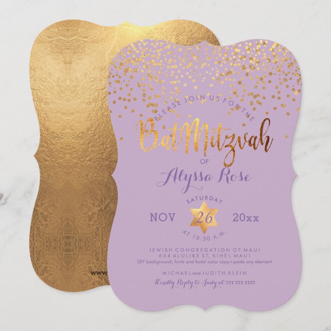 Convite PixDezines Bat Mitzvah/Faux Dourada Confetti (Frente/Verso)
