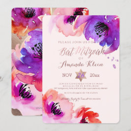 Convite PixDezines ✡ Bat Mitzvah/Floral Watercolor