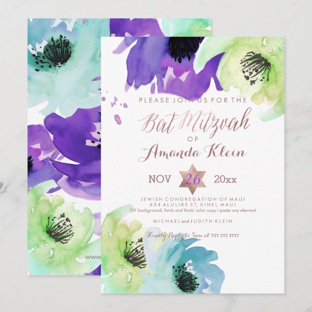 Convite PixDezines ✡ Bat Mitzvah/Floral Watercolor (Frente/Verso)