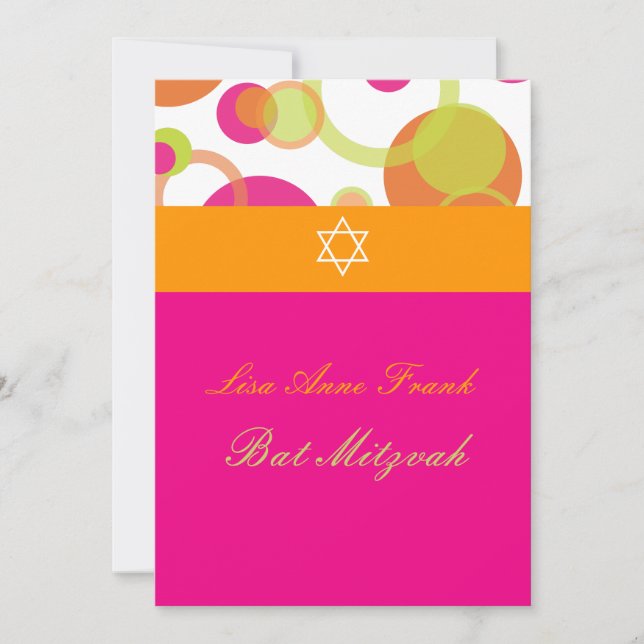 Convite PixDezines Bat Mitzvah + Mod Bolhas/laranja/rosa c (Frente)