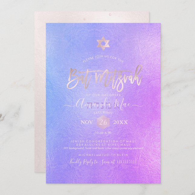 Convite PixDezines Bat Mitzvah, Ombre Roxo Iridescente (Frente/Verso)