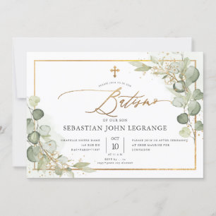 Convite PixDezines Batismo de eucalipto rústico em aquarel