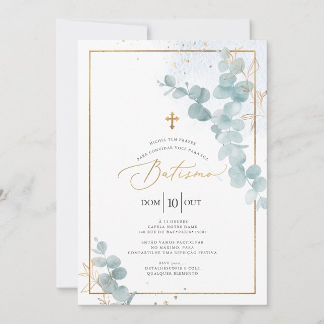 Convite PixDezines Batismo de eucalipto rústico em aquarel (Frente)