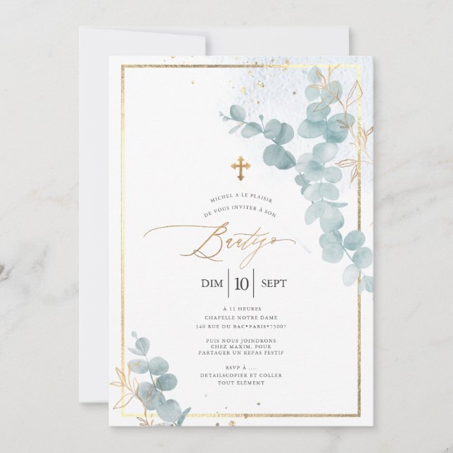 Convite PixDezines Bautizo Eucalipto Rústico Acuarela (Frente)