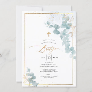 Convite PixDezines Bautizo Eucalipto Rústico Acuarela