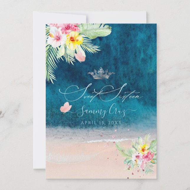 Convite PixDezines Beach Sweet 16 Deep Blue Sea (Frente)