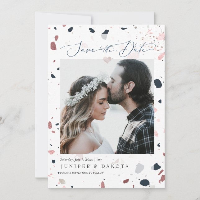 Convite PixDezines Blue Blush Terrazzo, Foto Salvar Data (Frente)