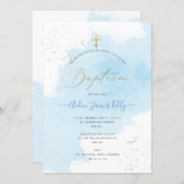 Convite PixDezines Blue Watercolor Baptism de Poeira Doura