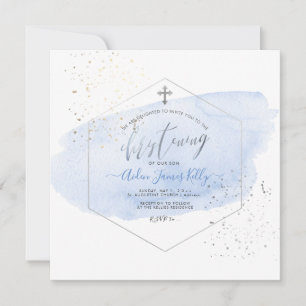 Convite PixDezines Blue Watercolor+Honeycomb Christening