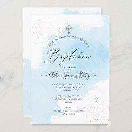 Convite PixDezines Blue Watercolor Silver Baptism