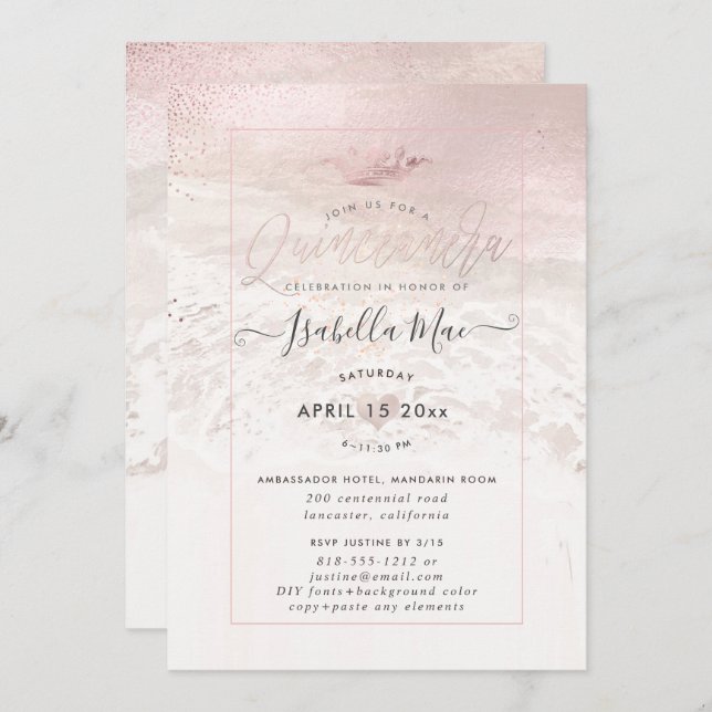 Convite PixDezines Blush Beach / Shoreline Quinceanera (Frente/Verso)